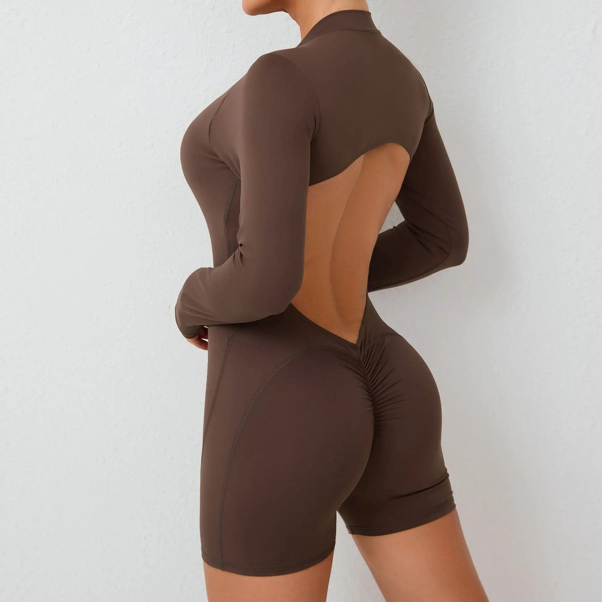 Hollow Out Cutout Beauty Back Half Open Zipper One Piece Peach Hip Sports Fitness Bare Back Quick Drying Yoga Jumpsuit by Wanita Store