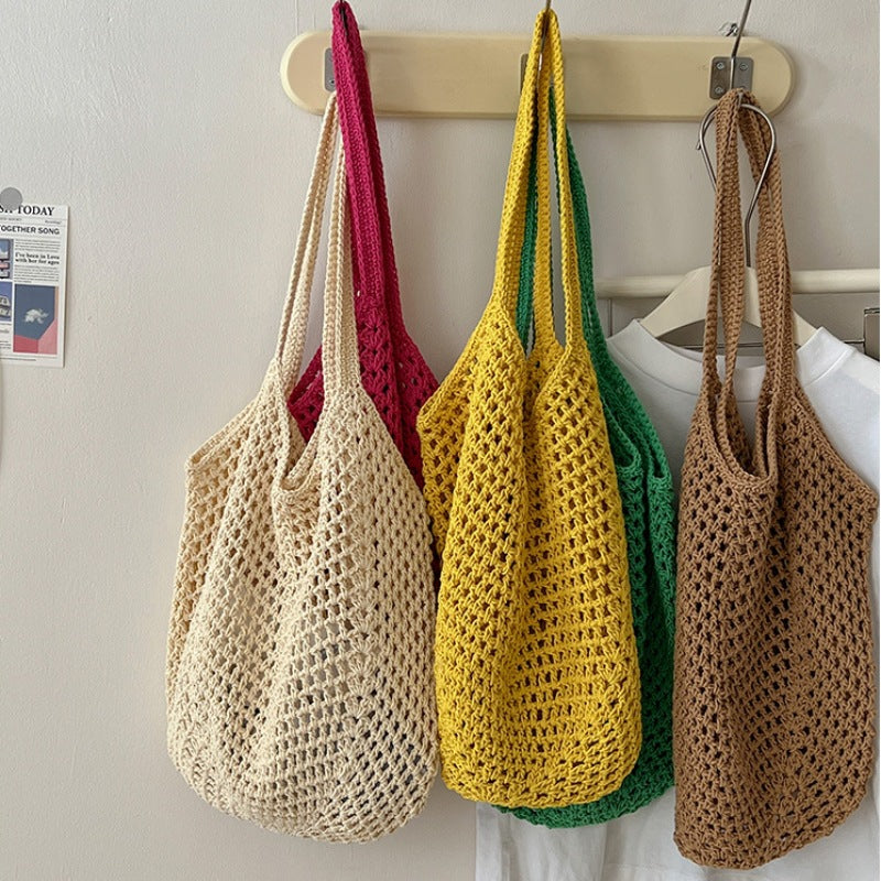 Freizeittasche mit großer Kapazität aus Baumwollfaden gewebt Hohl ausgestanzte Strohtasche Umhängetasche für die Freizeit Urlaub Strandtasche Damentasche