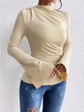 Herbst Winter Plissiert Glockenärmel Stehkragen Schmal geschnittenes T-Shirt