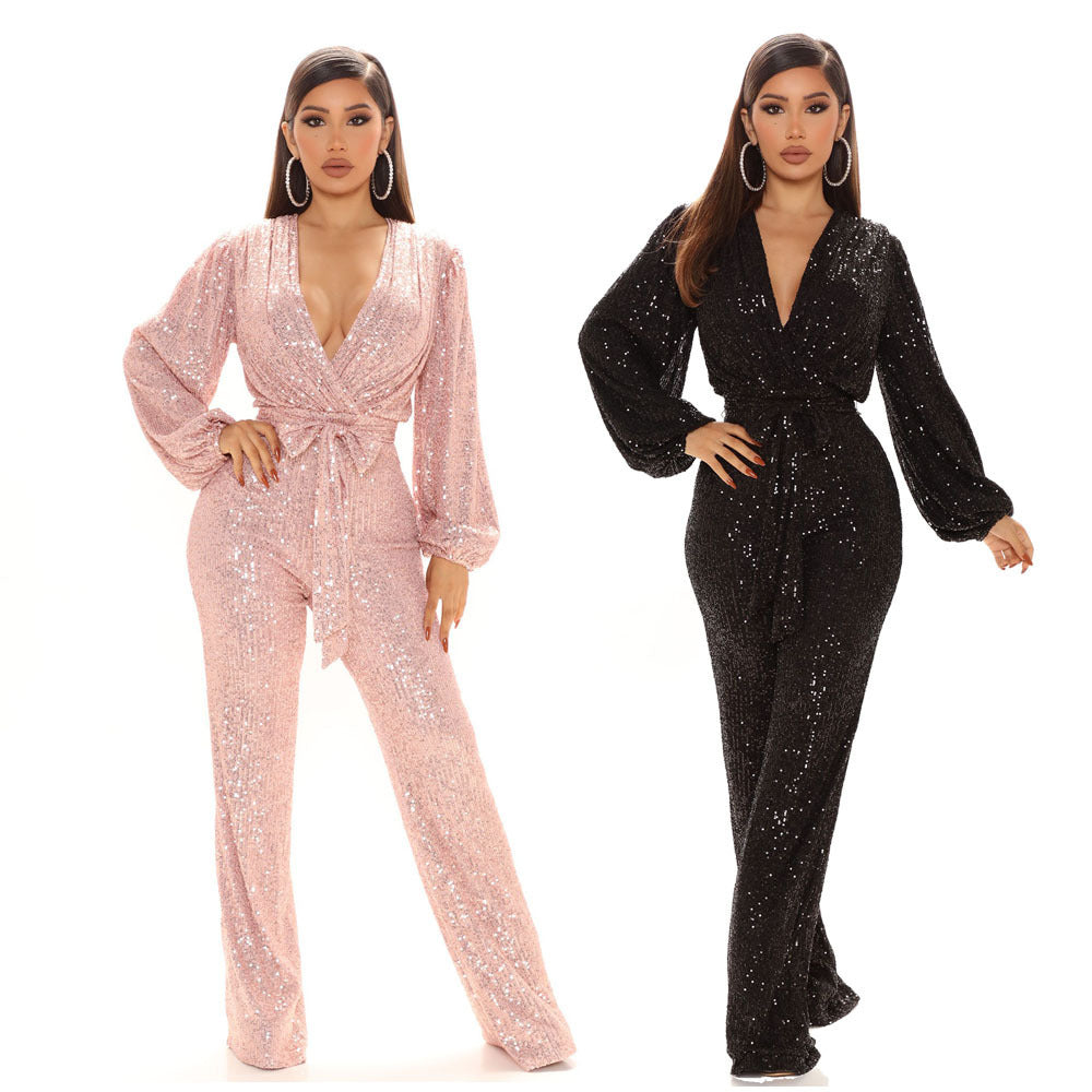 Herbst High-End Damen Jumpsuit mit Pailletten, tiefem V-Ausschnitt und langen Ärmeln, Overall-Hose