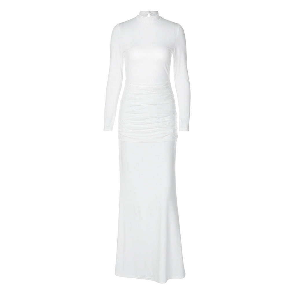 Women Clothing Autumn Solid Color Long Sleeve Slim Fit Fishtail Dress Button Backless Dress Women