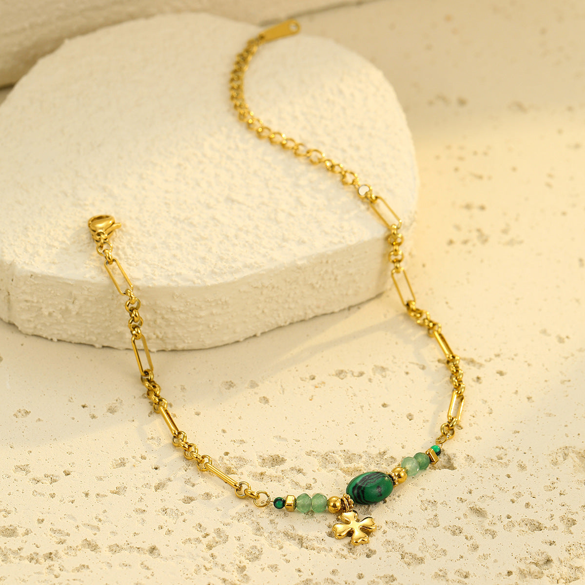 Stainless Steel Natural Stone Lapis Four-Leaf Clover Embellished Bracelet Women Titanium Steel Jewelry