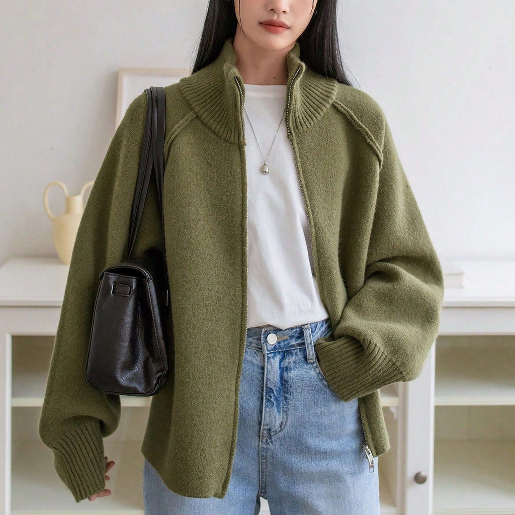 Fauler Pullovermantel Damen Herbst Winter Koreanisch Uni Stehkragen Reißverschluss Strickjacke Oberteil