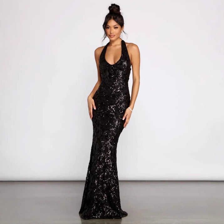 Damenbekleidung Sexy Neckholder Paillettenkleid All-Matching Festliches Kleid