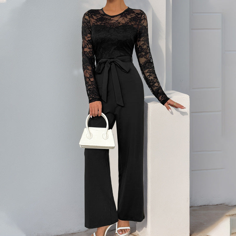 Herbst-Jumpsuit mit Spitzenstickerei, Reißverschluss und Schnürung, unifarben