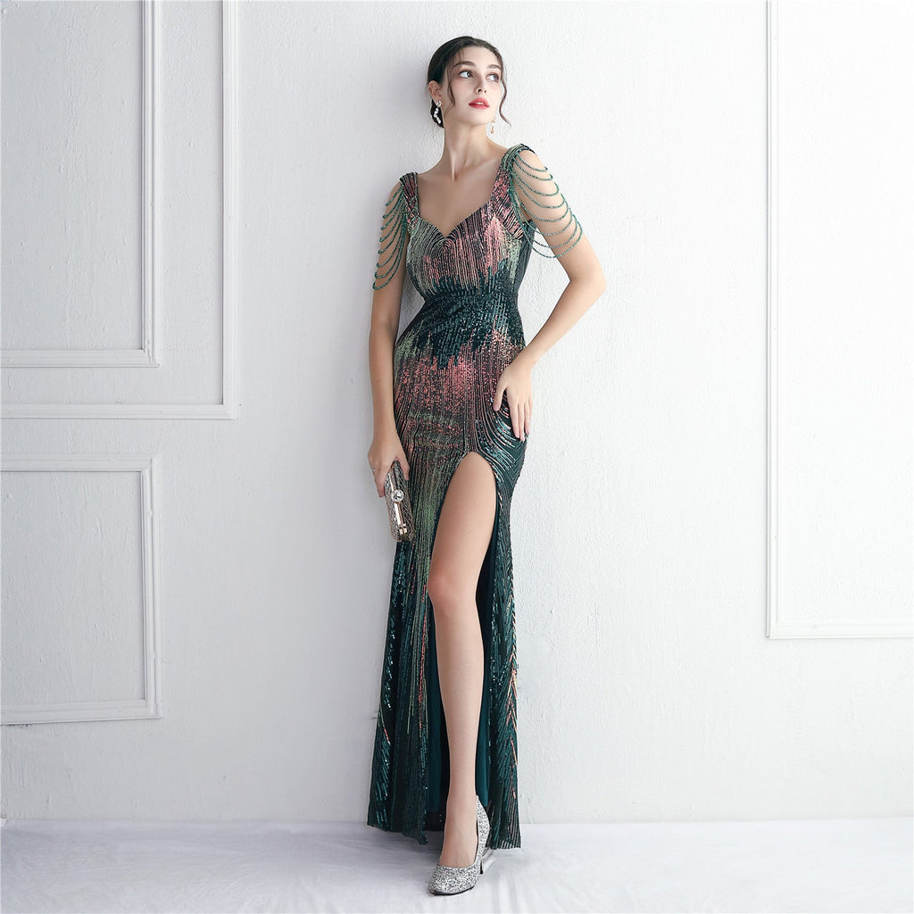 Craft Beaded Positioning Floral Sequin Party Dress Cocktail Slim Fit Evening Dress Elegant