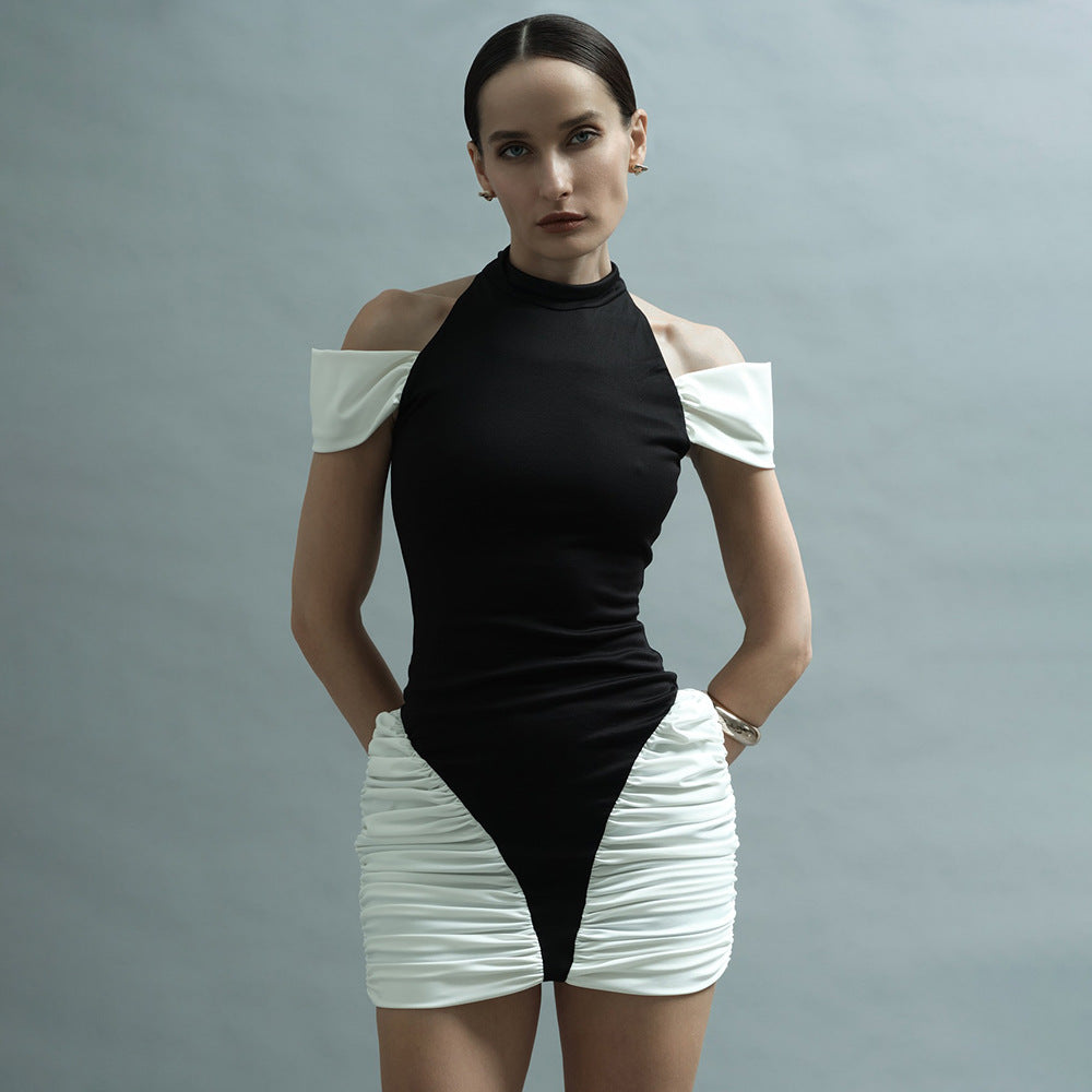 Sommer Damenbekleidung Farbkontrast Patchwork Sexy Sanduhr Plissiertes Neckholderkleid Ärmelloses Kleid