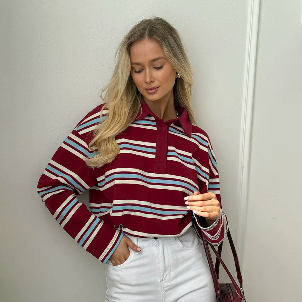 Long Sleeved Striped T shirt Women Spring Summer Polo Collar Loose T shirt Trendy Retro Bottoming T shirt