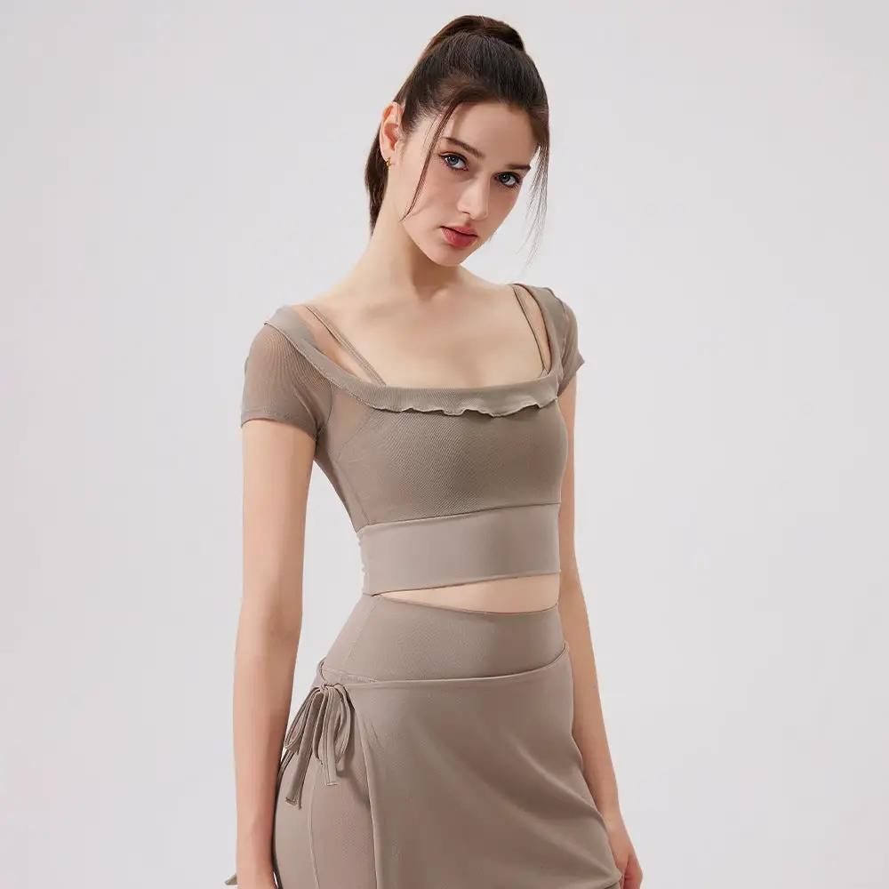 Sexy Spitze Mesh Yoga Kleidung Kurzarm Laufend Schnelltrocknender Sport-BH mit Brustpolster Einteilige Cup Trainingskleidung