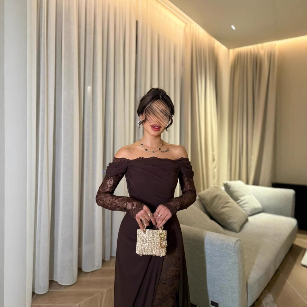 Frühling Sommer Damen Kleidung Tube Top mit Spitze und langen Ärmeln Großem Saum Elegantes Retro-Kleid