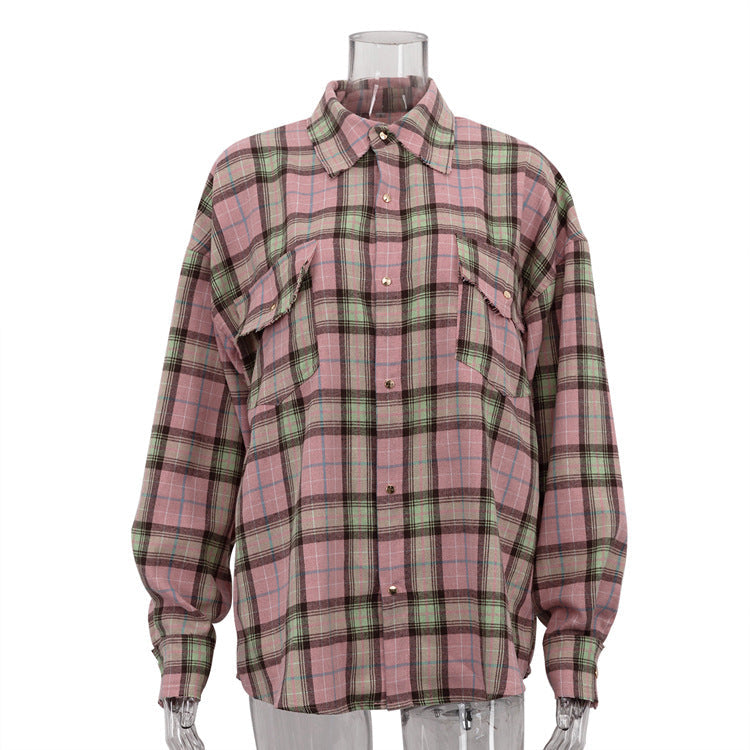 Casual All Matching Plaid Shirt Women Spring Autumn Retro Lapels Long Sleeve Loose Cardigan Top Shirt