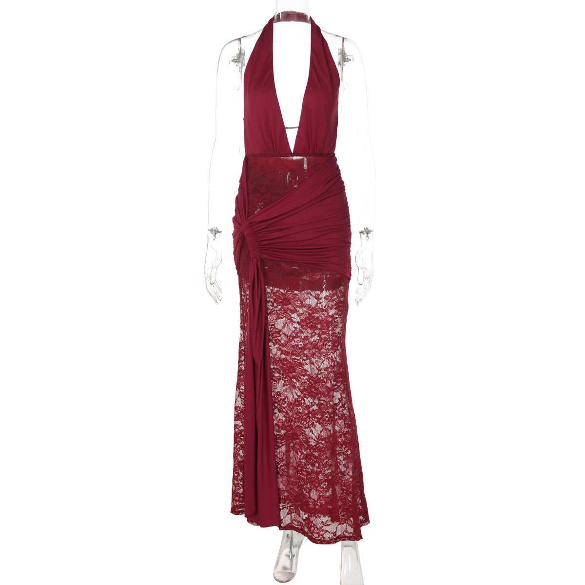 Winter Halter Deep V Plunge neck Dress Sexy See through Lace Stitched Backless Dress