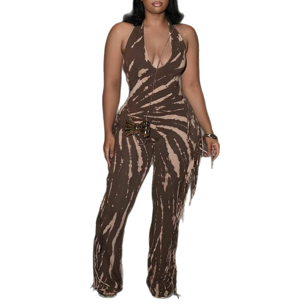 Eleganter, sexy, schmal geschnittener Stretch-Overall mit rückenfreiem Quasten-Print und Neckholder-Trägern