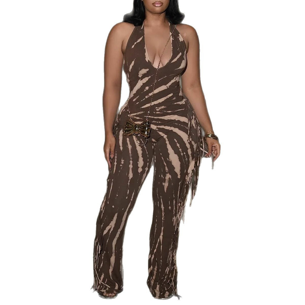 Eleganter, sexy, schmal geschnittener Stretch-Overall mit rückenfreiem Quasten-Print und Neckholder-Trägern