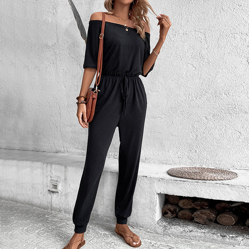 Damen Freizeit Jumpsuit schulterfrei einfarbig Einteiler Hose