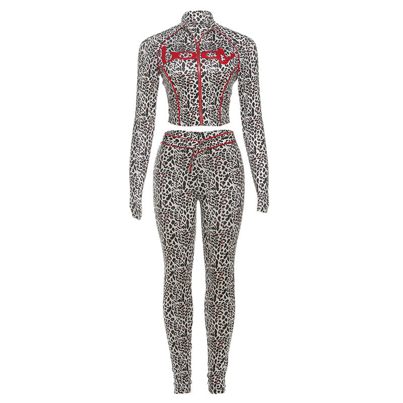 Herbst Damenbekleidung Personalisiert Bedruckter Stehkragen Top Sexy Leggings Set