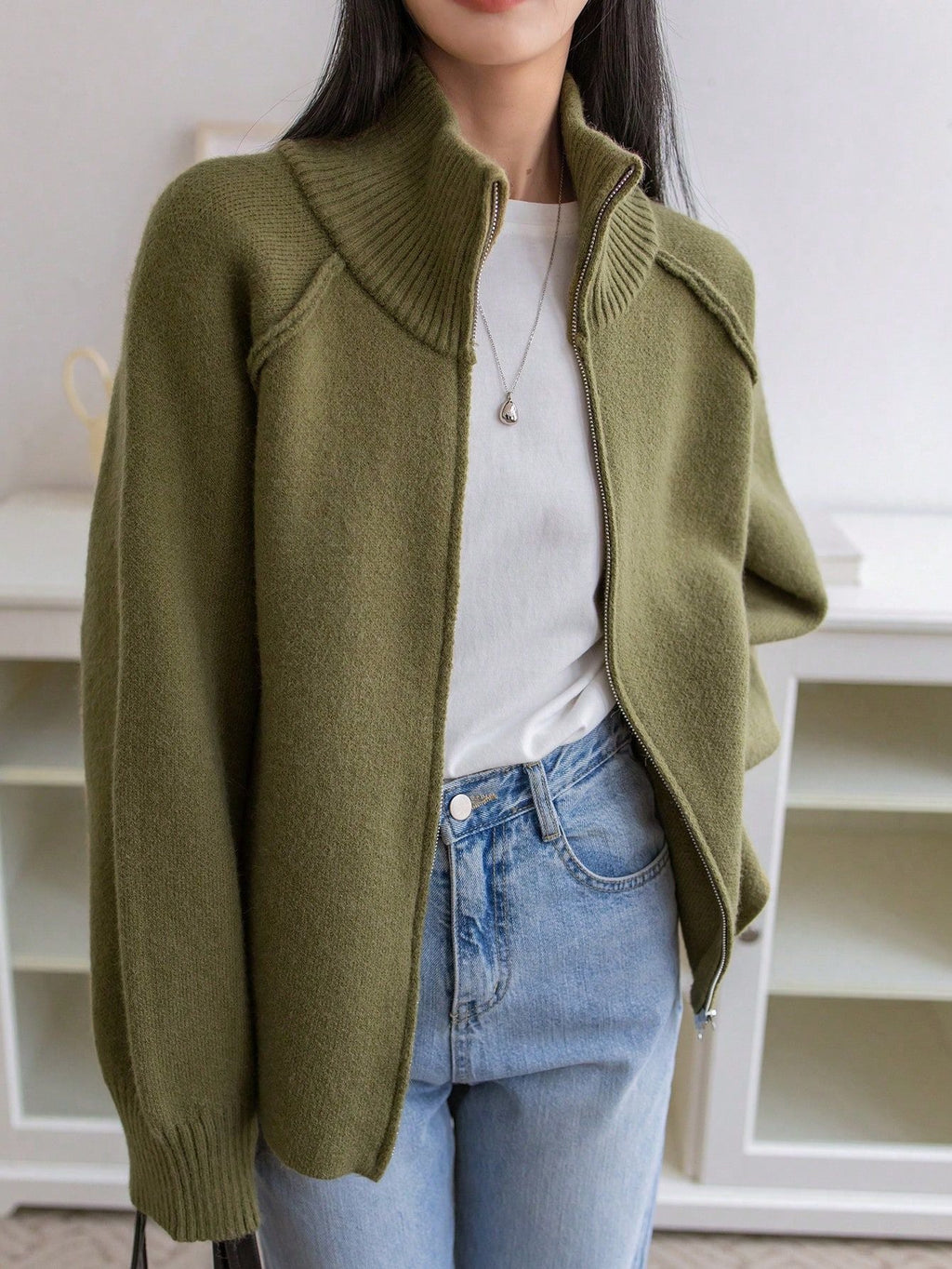 Fauler Pullovermantel Damen Herbst Winter Koreanisch Uni Stehkragen Reißverschluss Strickjacke Oberteil