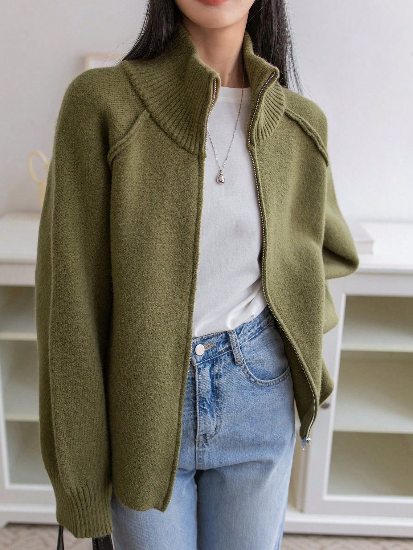 Fauler Pullovermantel Damen Herbst Winter Koreanisch Uni Stehkragen Reißverschluss Strickjacke Oberteil