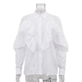 French Design Ruffled White Shirt Women Autumn Polo Collar Long Sleeve Office All Match Top
