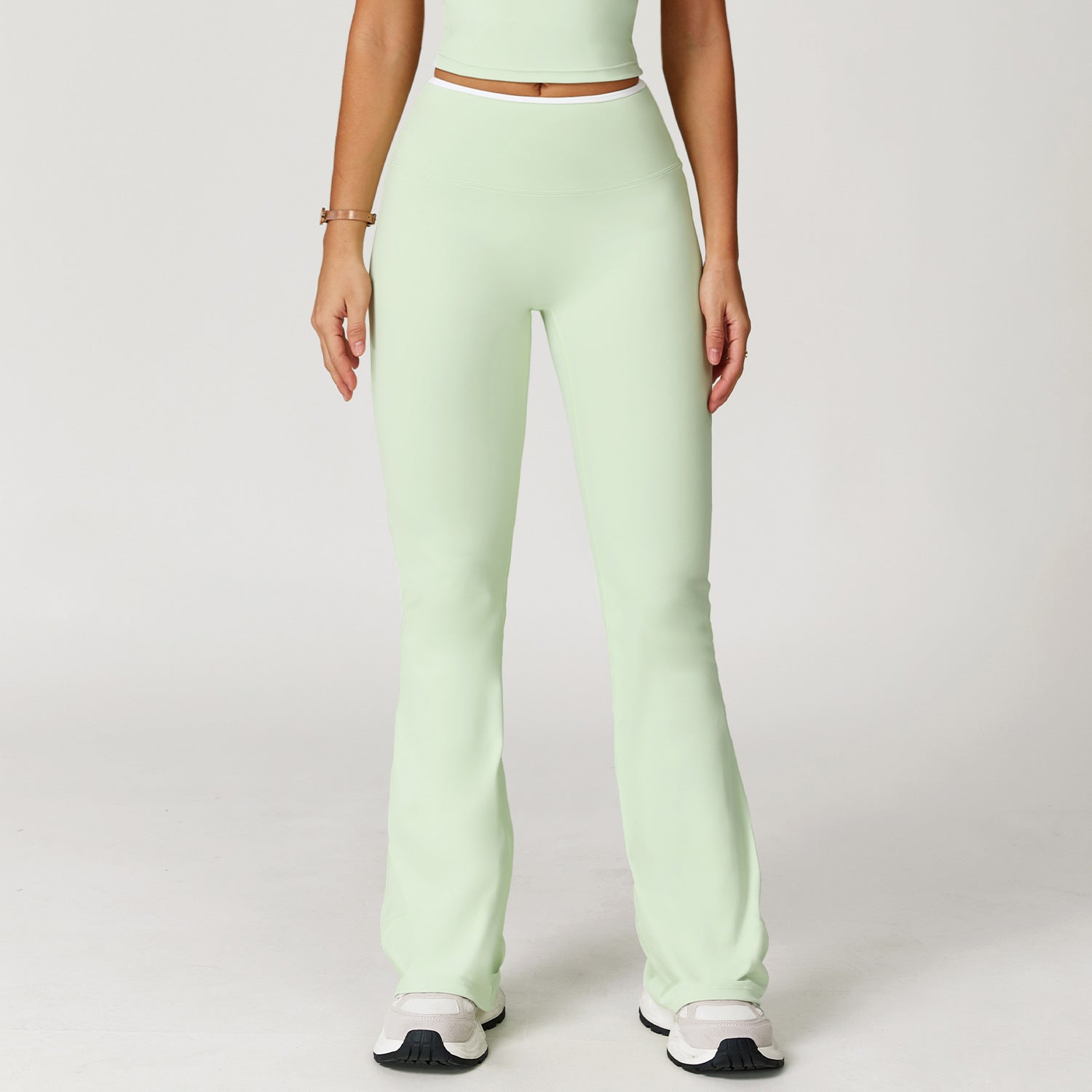 Nude Feel Sport-Schlaghose mit Kontrastfarbe, hoher Taille, schnelltrocknend, weitem Bein, Sport-Lauf-Fitness-Bootcut-Hose