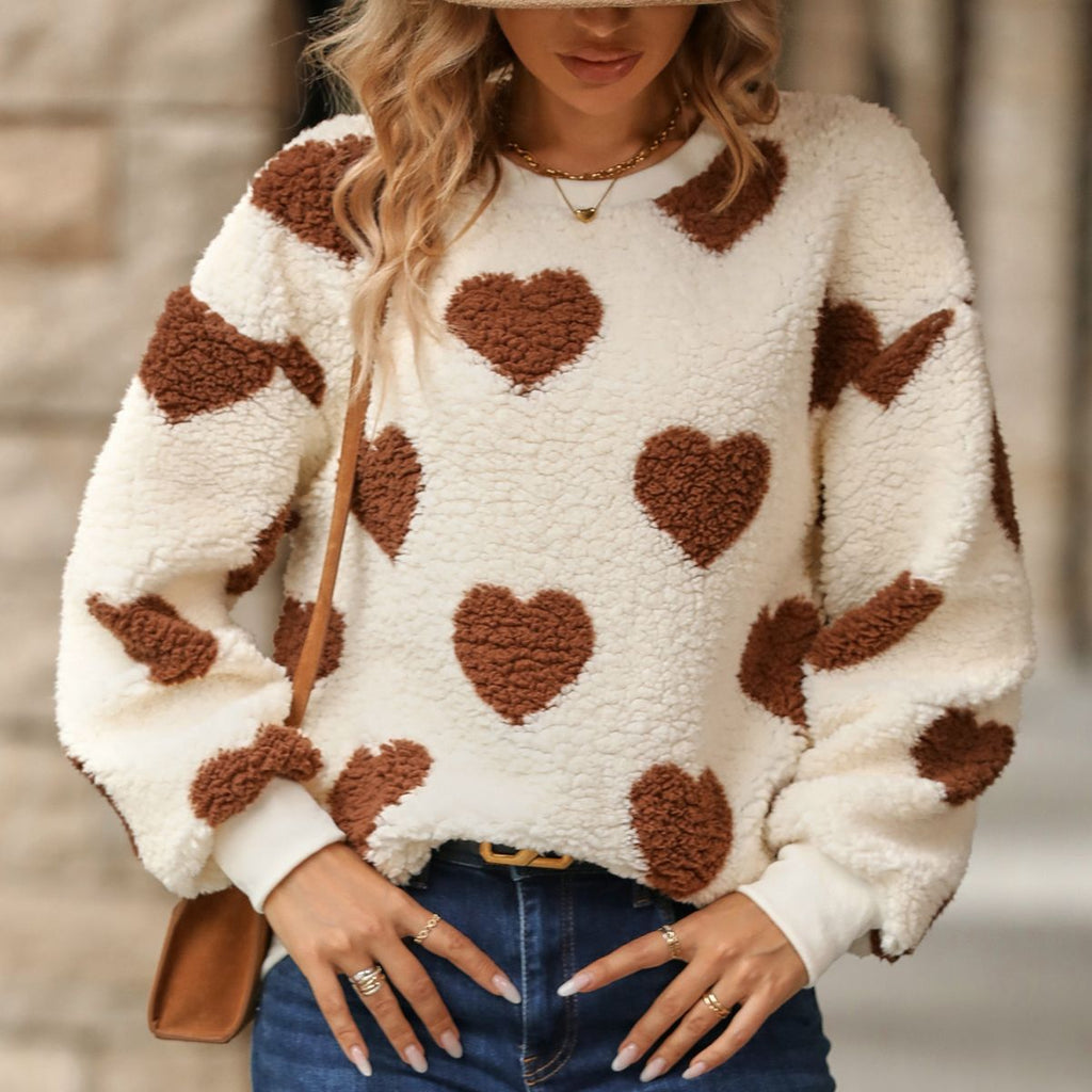 Damenbekleidung Herbst Winter Plüsch Liebe Herz bedruckt Locker Langarm Rundhals Pullover Sweatshirt