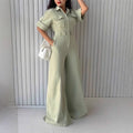 Women Clothing Jumpsuit Loose Waist Tight Slimming Wide Leg Pants Collared Overalls One Piece