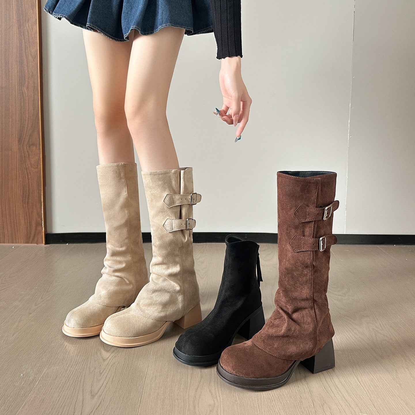 Zwei-Wege-Trage-Langschaftstiefel Herbst Winter Abnehmbare Plüschstiefel Dicke High Heel Plateau Overknee Stiefel Retro Strumpfhosenstiefel