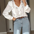 Fall French Pastoral Top Lace Ruffled V neck White Shirt Women
