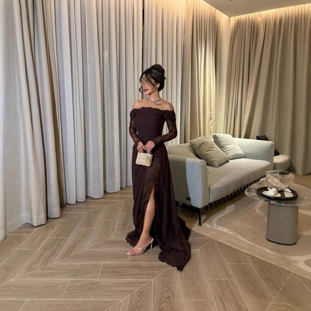 Frühling Sommer Damen Kleidung Tube Top mit Spitze und langen Ärmeln Großem Saum Elegantes Retro-Kleid
