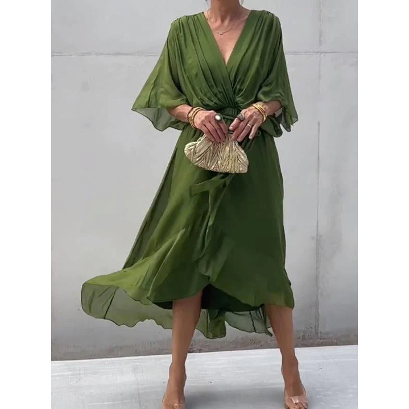 Damenkleidung, einfarbiges Maxikleid zum Binden, Fledermausärmel, unregelmäßiges asymmetrisches Kleid