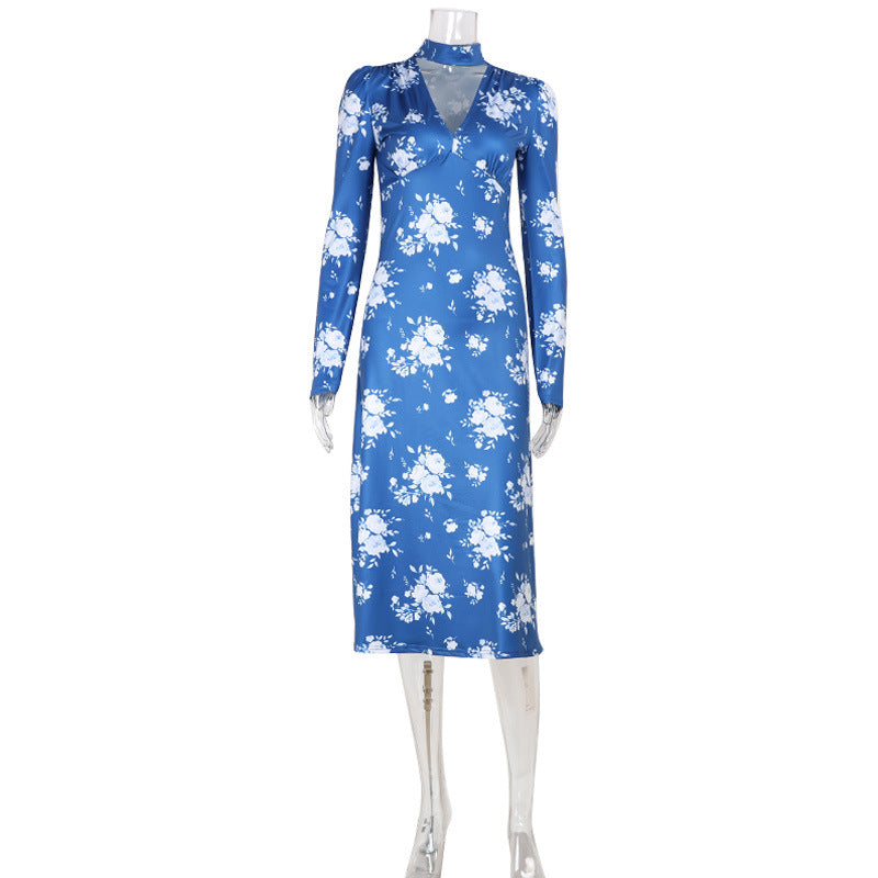 Blumendruck Elegantes V-Ausschnitt Sommer Slim Fit Leicht Dünnes Langarmkleid Kleinblaues Kleid