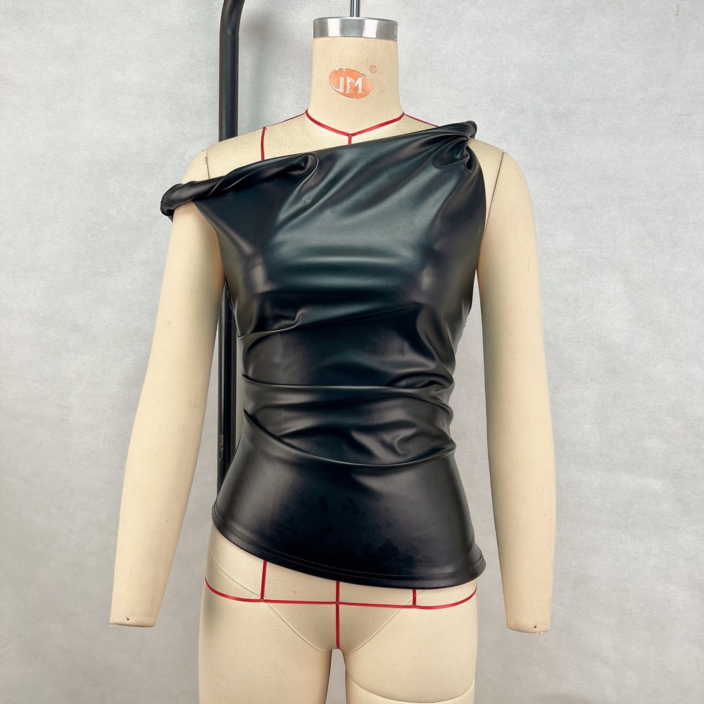 Ärmellose Weste Leder Schräge Schulter Persönlichkeit Unregelmäßiges Asymmetrisches Top Damenbekleidung