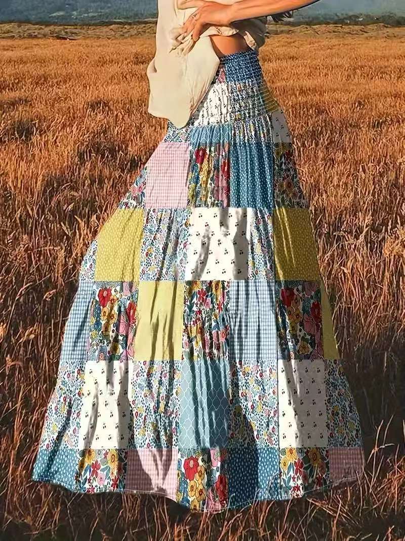 Printed Stitching Women Clothing Popular Floral Skirt Long Skirt