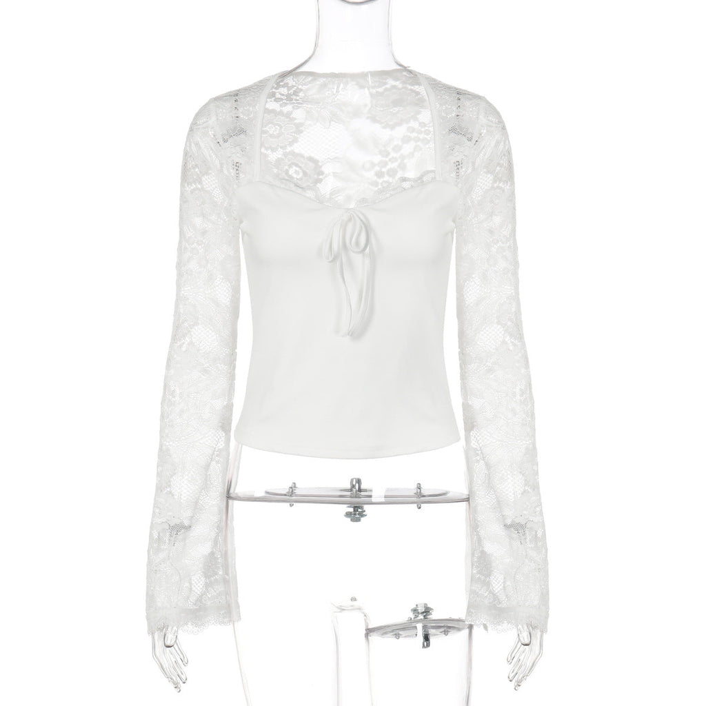 Women Clothing Autumn Winter Sexy Lace Stitching See through Lace up Long Sleeve Tops