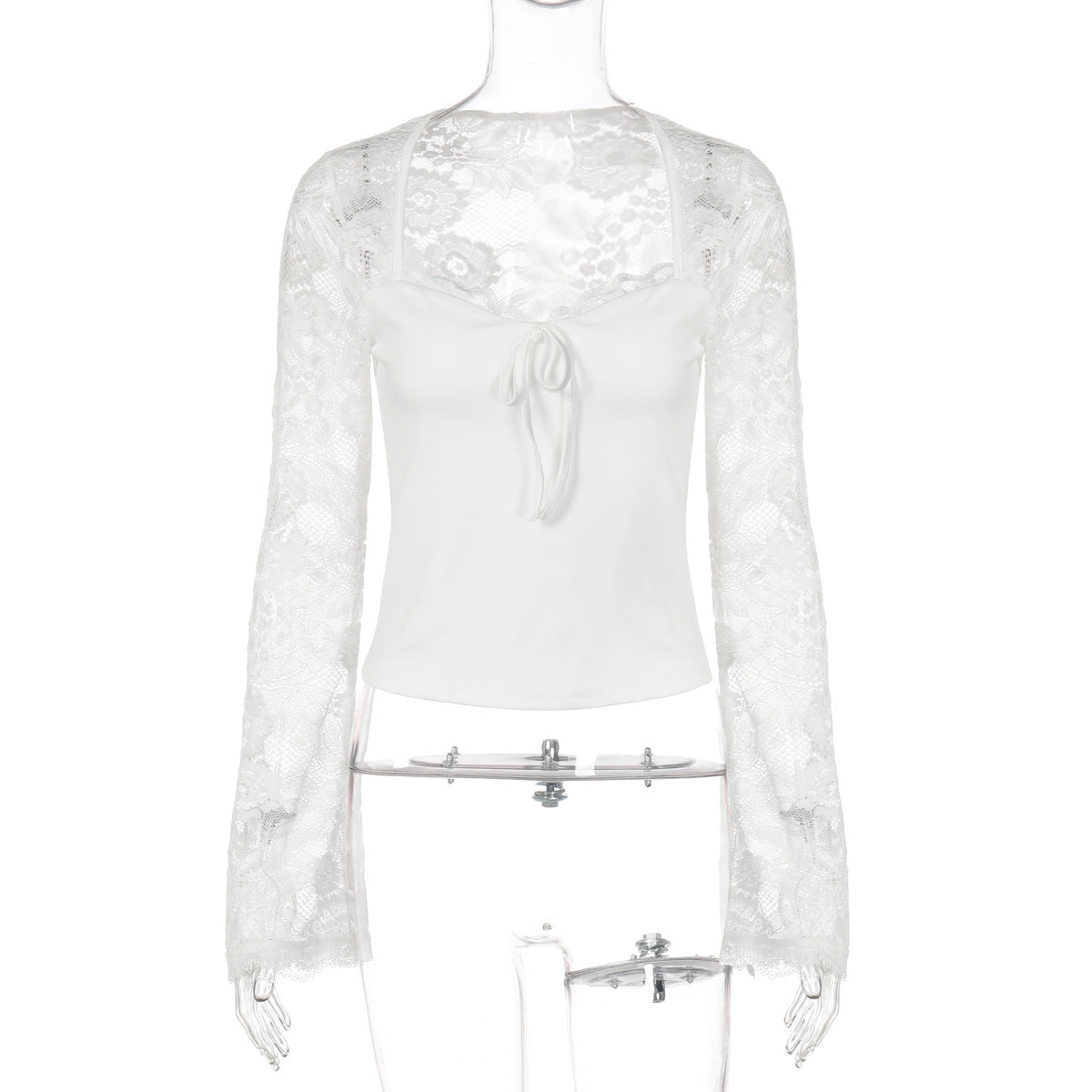 Women Clothing Autumn Winter Sexy Lace Stitching See through Lace up Long Sleeve Tops