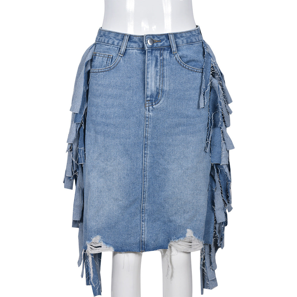 Frühling Sommer Damenbekleidung Personalisierter Denim Ausgefranster Gehäkelter Rock