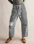 Mid Waist Office Casual Loose Wide Leg Striped Stitching Drawstring Pocket Trousers