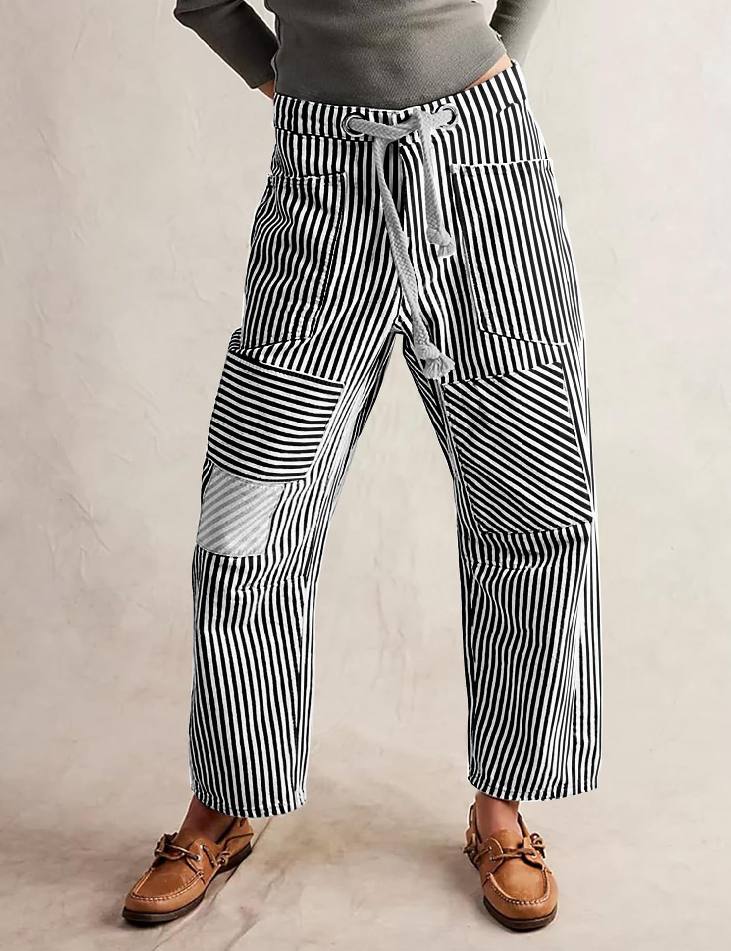 Mid Waist Office Casual Loose Wide Leg Striped Stitching Drawstring Pocket Trousers