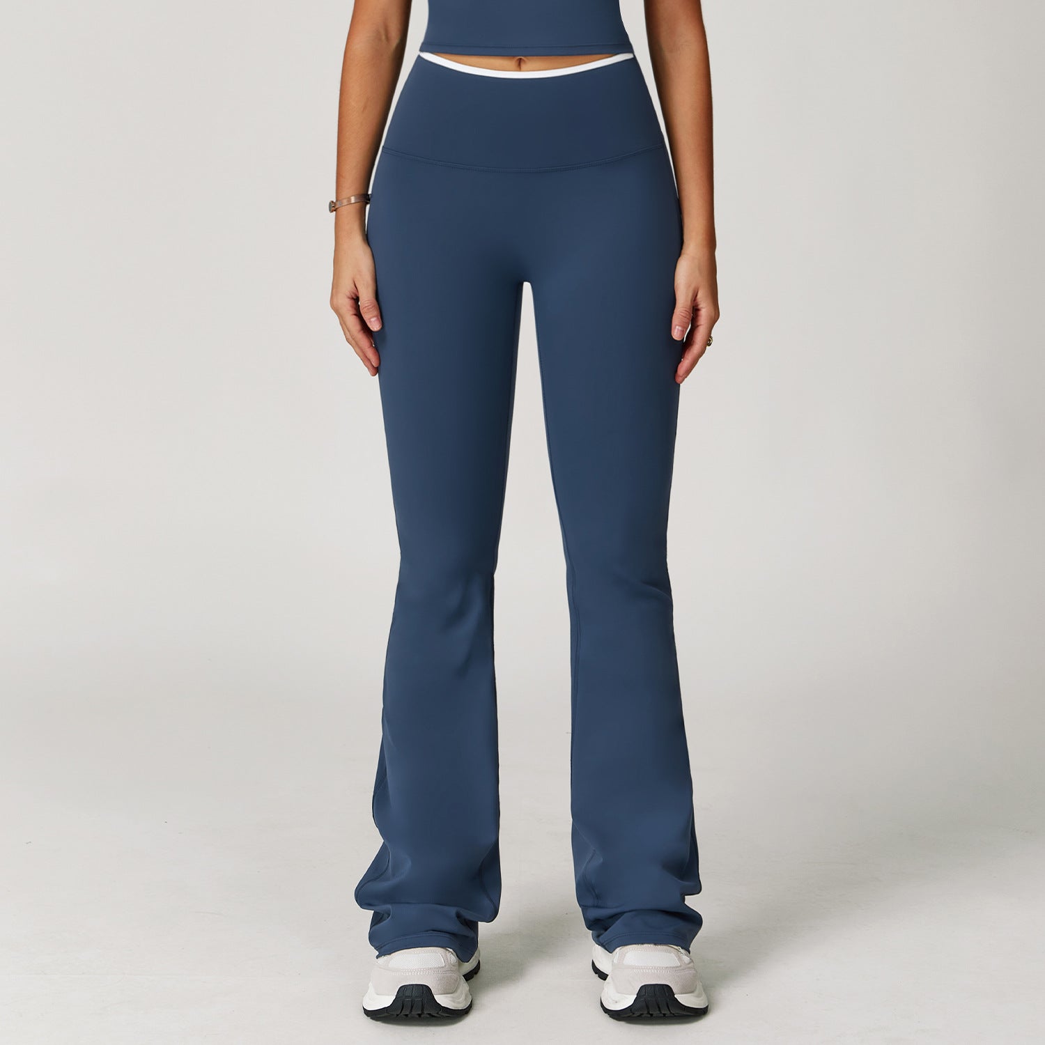 Nude Feel Sport-Schlaghose mit Kontrastfarbe, hoher Taille, schnelltrocknend, weitem Bein, Sport-Lauf-Fitness-Bootcut-Hose