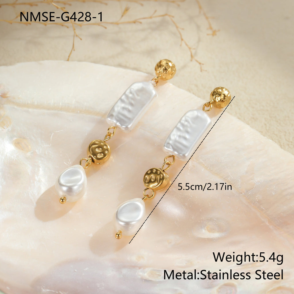 Retro Design Imitation Baroque Pearl Earrings Stainless Steel Earrings Plated 18K Gold Light Luxury Ear Rings
