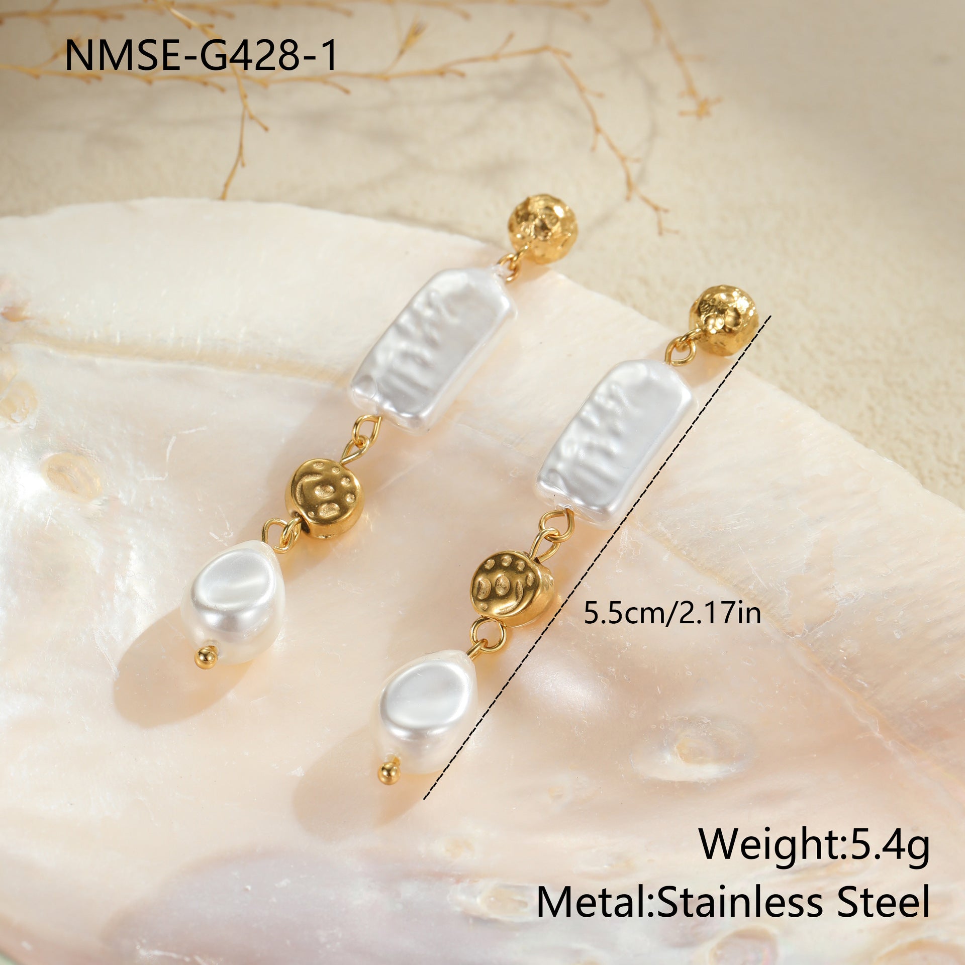 Retro Design Imitation Baroque Pearl Earrings Stainless Steel Earrings Plated 18K Gold Light Luxury Ear Rings