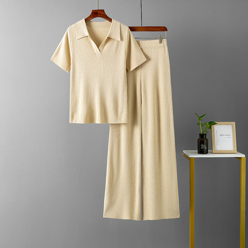 Damenbekleidung Polokragen Pullover Kurzarm-Oberteil Abnehmende Uni-Hose mit weitem Bein Strickanzug