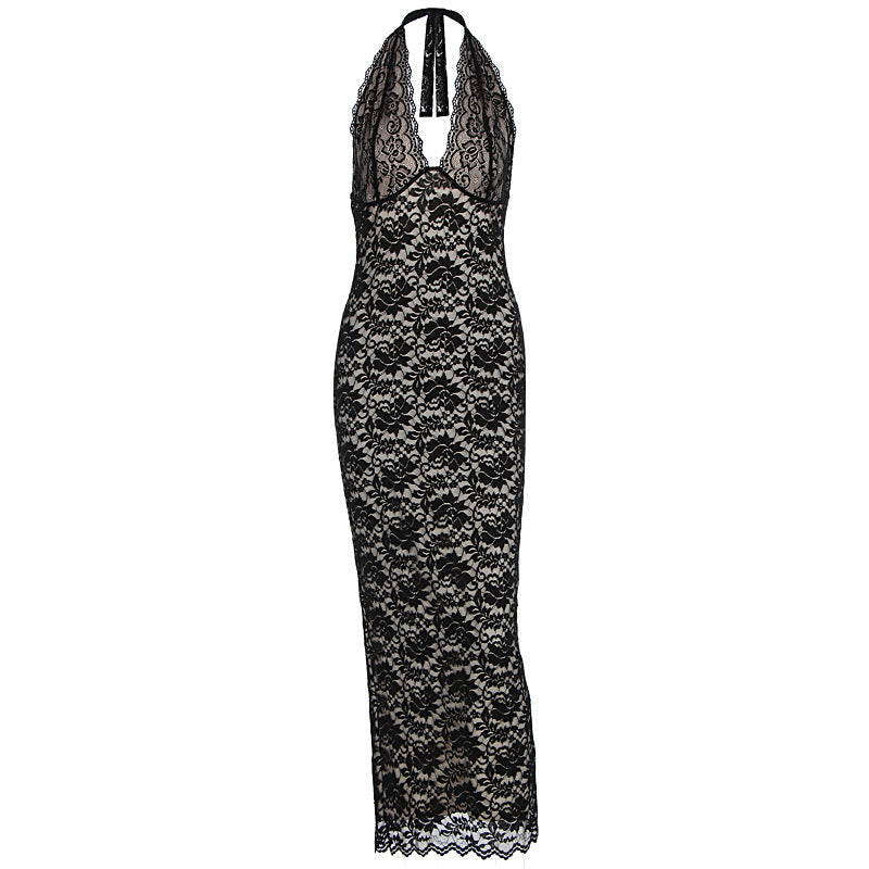 Sommer Damenbekleidung Sexy Neckholder Spitze Schlitz Schlankes Kleid