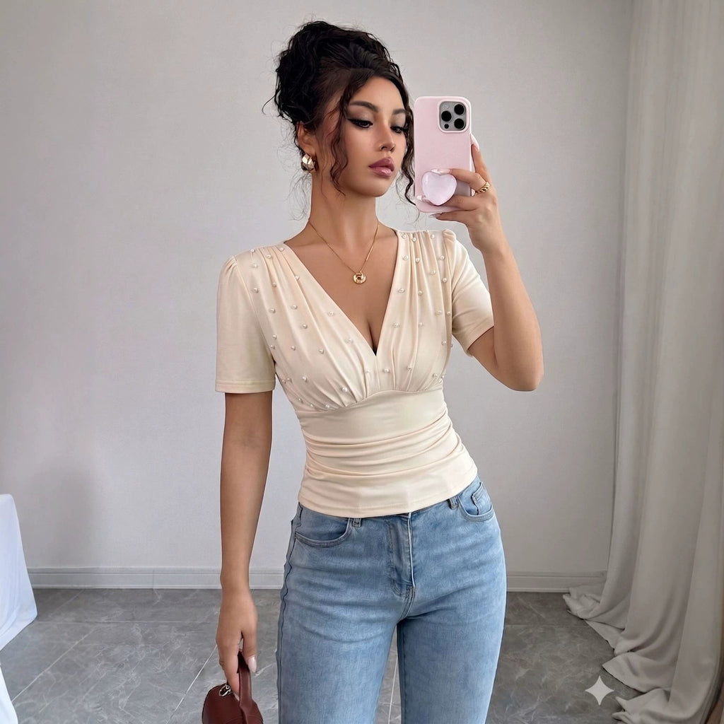 Summer V neck Handmade Pearl Solid Color Short Sleeve Slim T shirt Women