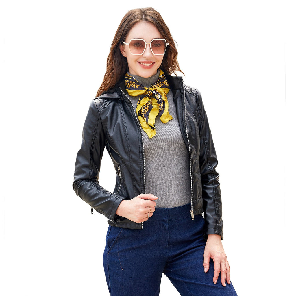 Herbst Winter Kapuzen-Ledermantel Damen Abnehmbare Kapuze Langarm Reißverschluss Fleece-gefütterte Lederjacke Schmaler Mantel