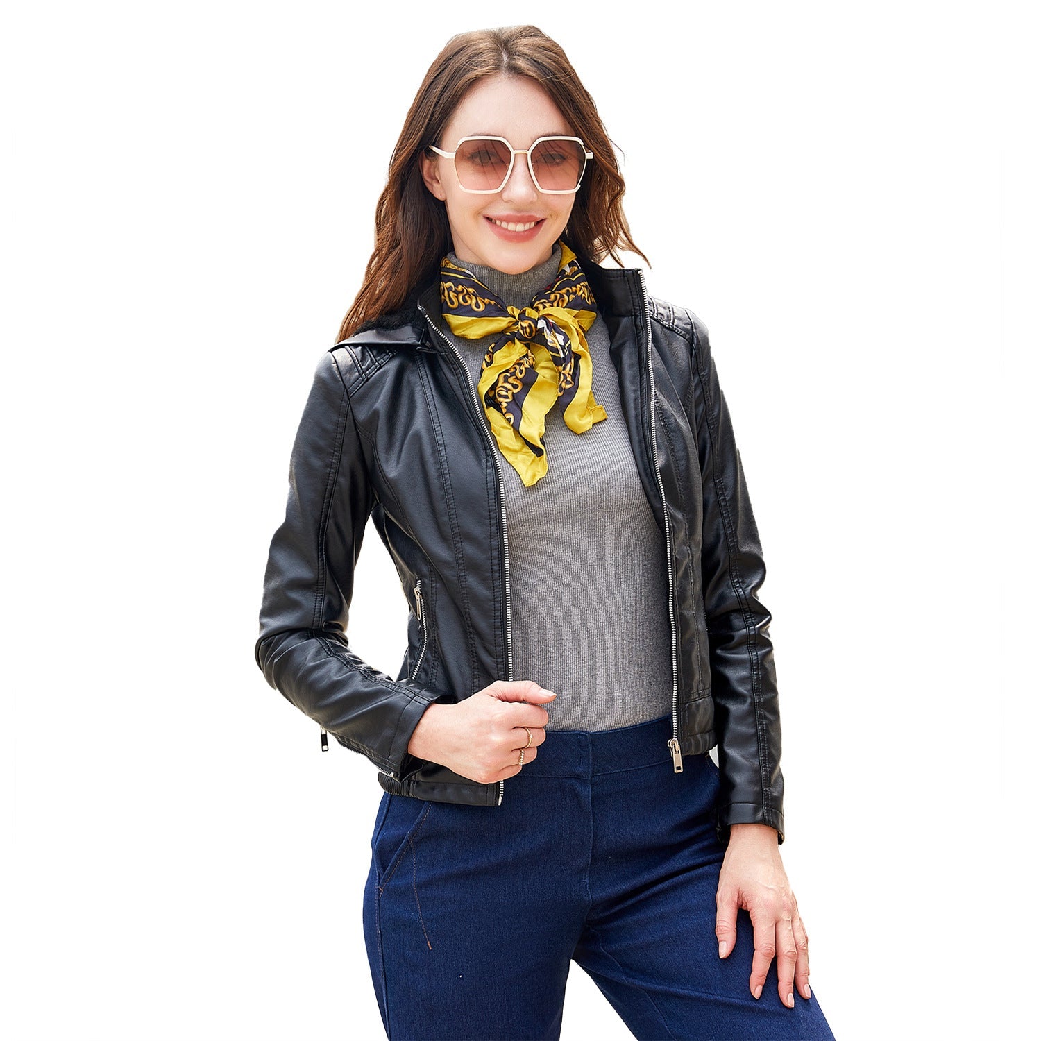 Herbst Winter Kapuzen-Ledermantel Damen Abnehmbare Kapuze Langarm Reißverschluss Fleece-gefütterte Lederjacke Schmaler Mantel