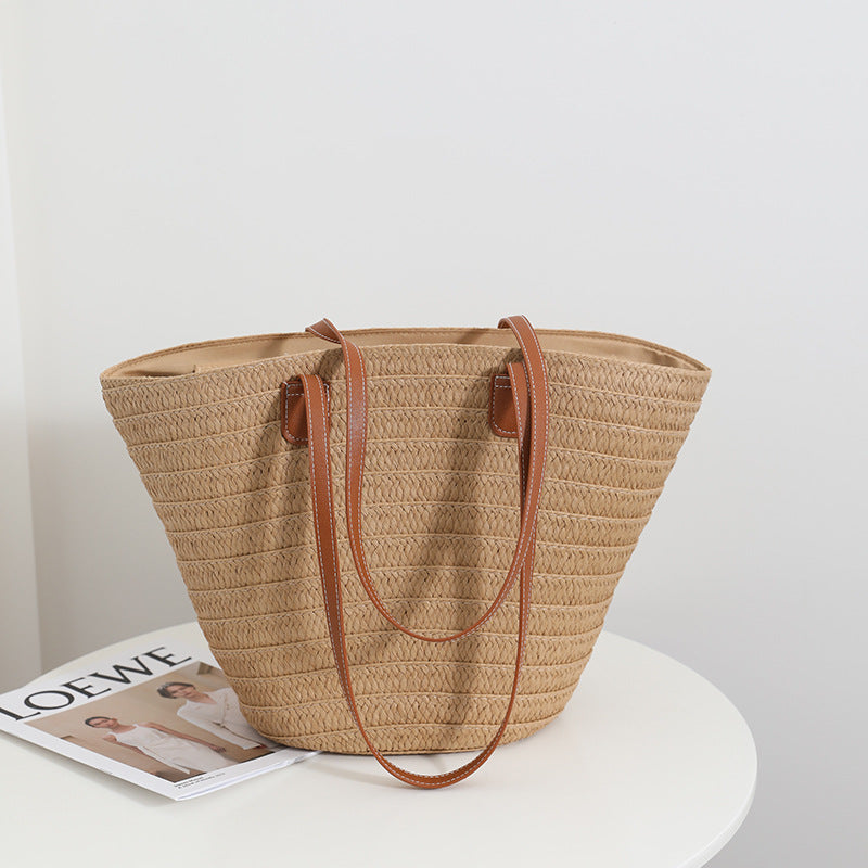 Einfache Schulter-Strohtasche Große Kapazität Korbtasche Gewebte Tasche Strandtasche Damen Urlaub Strand