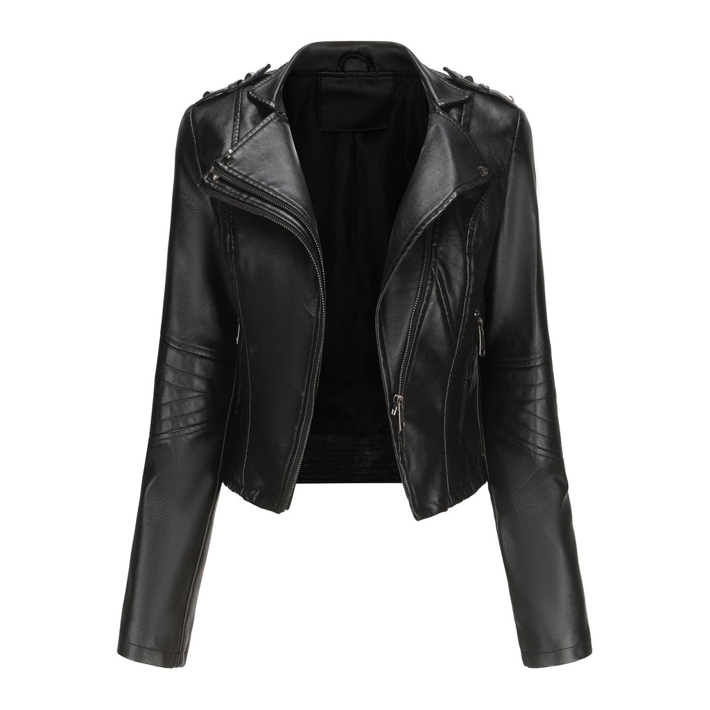 Slim Fit Langarm Frühling Herbst Lederjacke Damen Nieten Beliebt Kurzjacke Reißverschluss Lederjacke