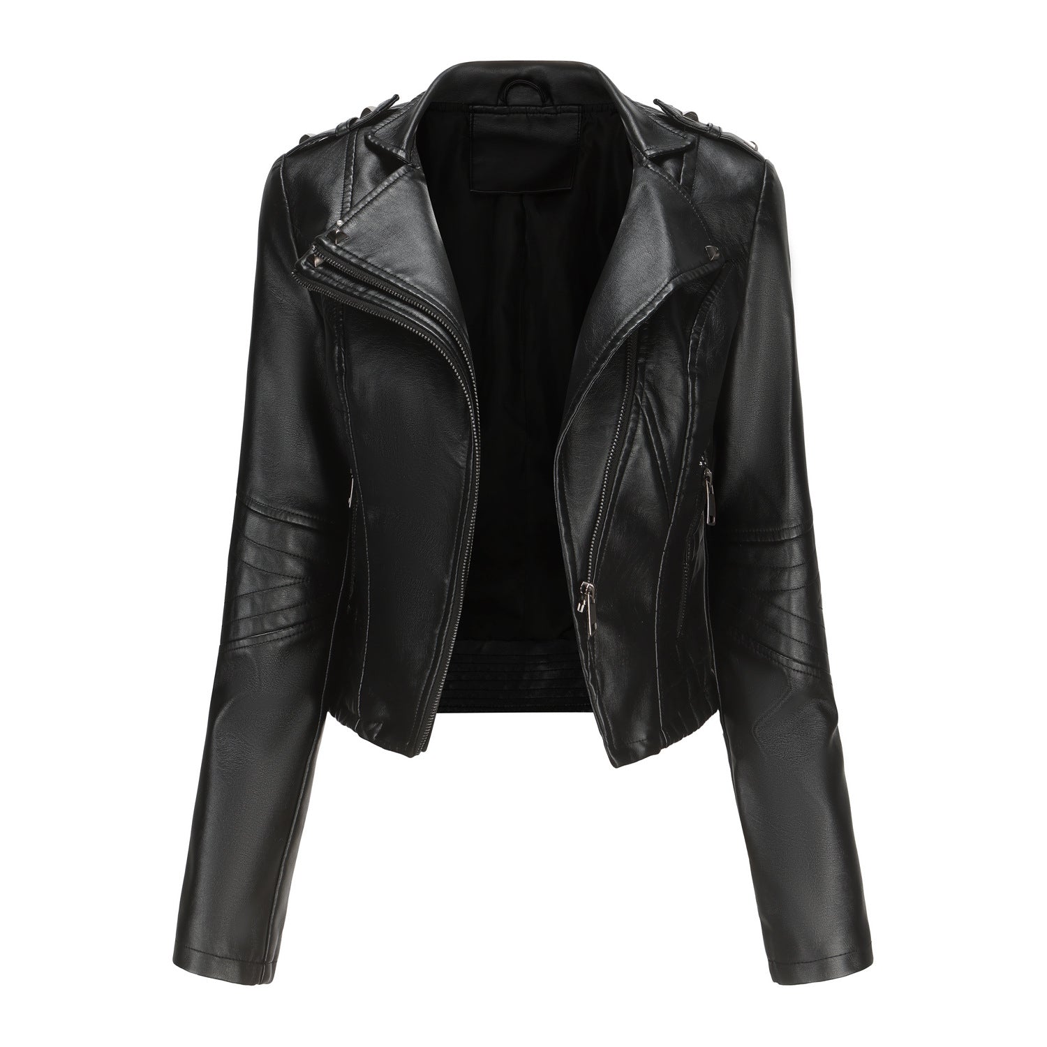 Slim Fit Langarm Frühling Herbst Lederjacke Damen Nieten Beliebt Kurzjacke Reißverschluss Lederjacke