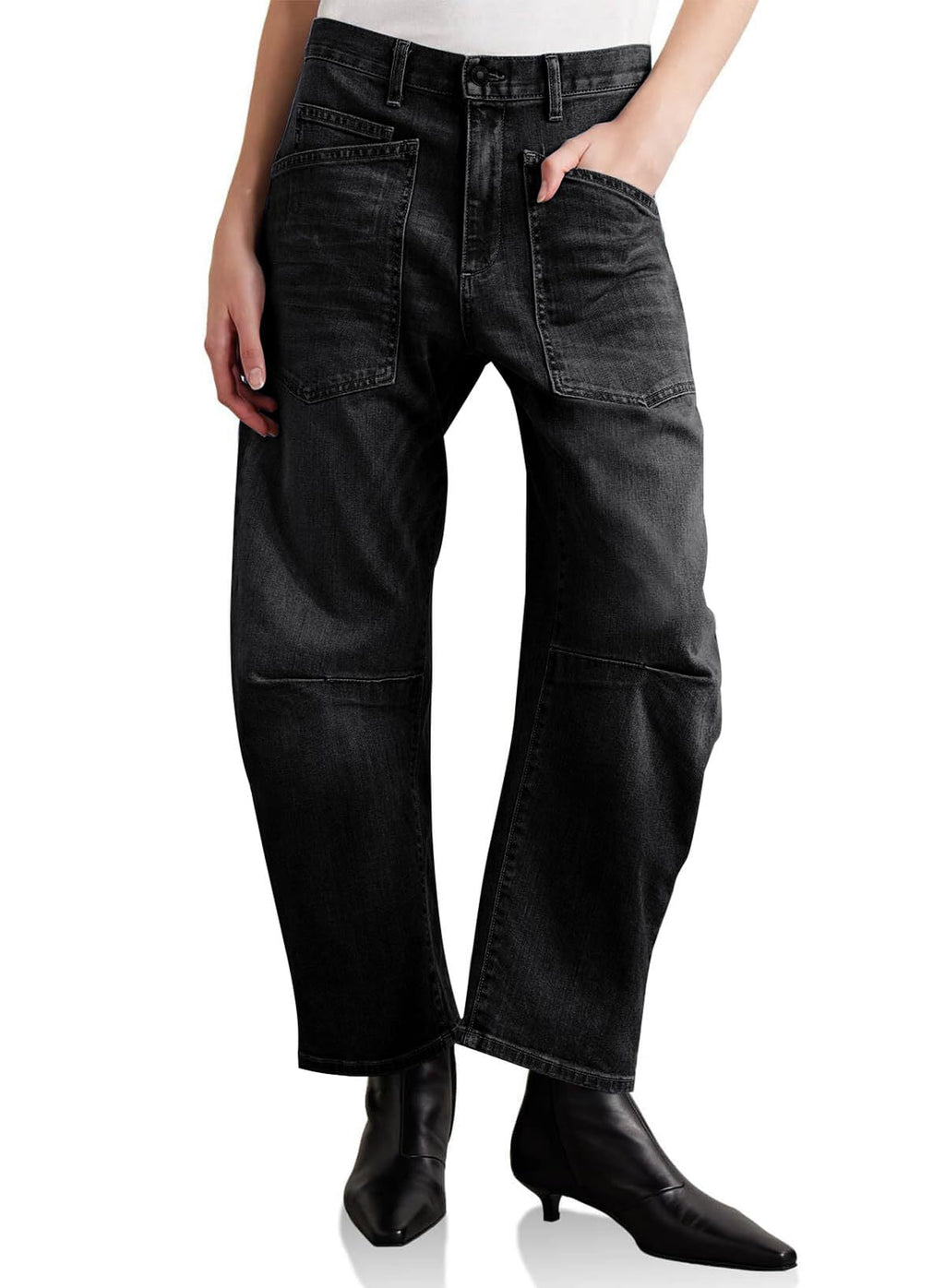 Retro Deconstruction Tooling Patch Pocket Washed Curved High Waist Jeans Women